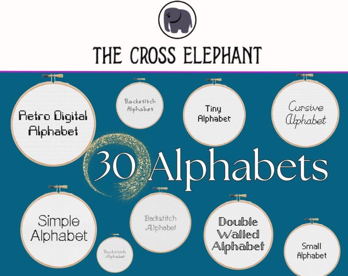 Featured listing image: 30 Cross Stitch Alphabet Patterns and Backstitch Alphabets | Cross Stitch Letters | Small Cross Stitch Font | Cross Stitch Pattern PDF