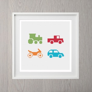 Boys Toys Cross Stitch Pattern (train, motorbike, ute, car), Instant Download, simple, nursery, boy, modern, transport, beginner
