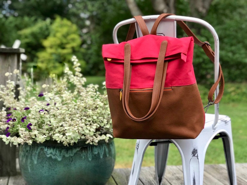 red laptop backpack with canvas and vegan leather, large enough for 15" MacBook laptop