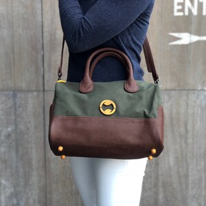 canvas messenger bag, cross body bag, eco friendly bag the HEIGHTS 2 colors Olive Green/Espresso