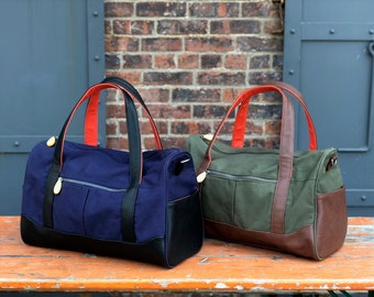 carry on bag, canvas duffle bag, weekender bag, duffle bag women, gym bag - the DEKALB in navy and olive green