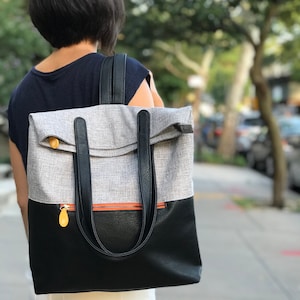 gray and black vegan laptop backpack with tote straps