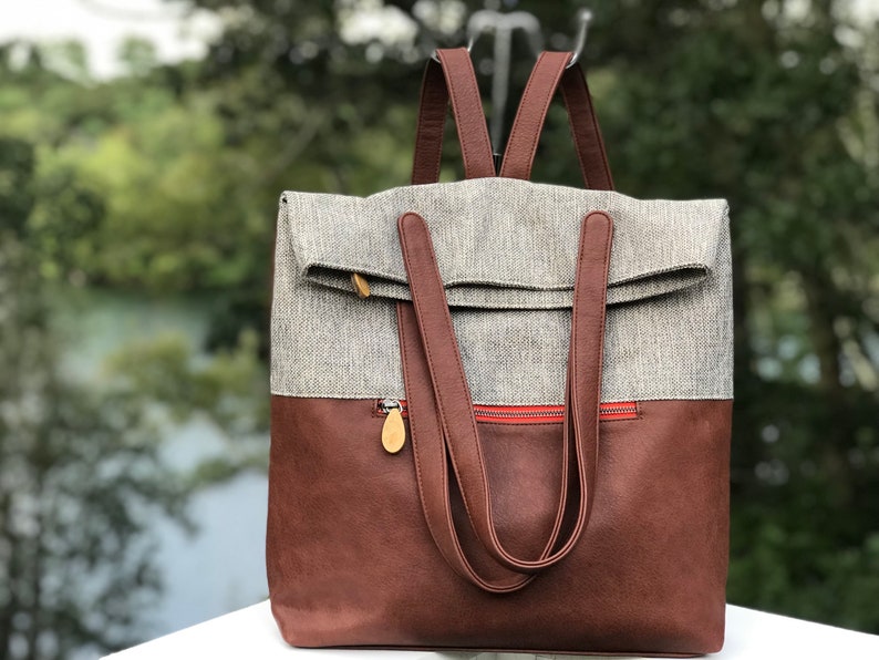 laptop backpack, teacher bag, minimalist backpack, convertible tote backpack the GREENPOINT backpack purse 7 colors Brown Tweed/Espresso