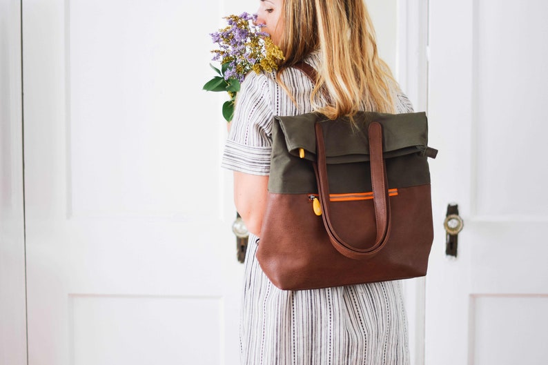 organic cotton and vegan leather women's backpack that converts into a tote bag