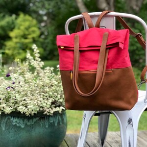 red canvas backpack tote with vegan leather