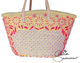 Boho beach tote, beach basket, shopper bag with oriental flower pattern