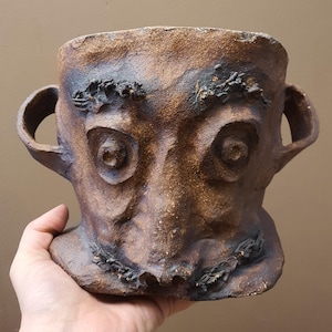 May include: A brown ceramic face-shaped planter with two handles. The planter has a textured surface with carved facial features, including eyes, a nose, and a mouth. The planter is held in a person's hand.