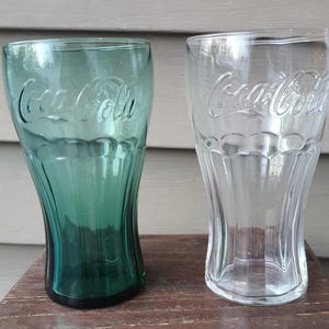 Vintage Collectible Coca-Cola Full Size Glasses Green, and Clear Set of 2