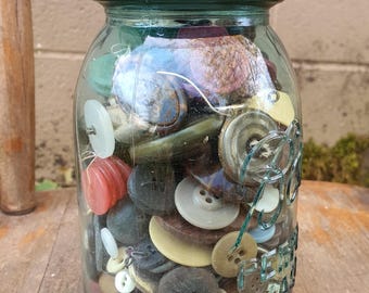 Vintage Blue Ball Mason Jar Full of Assorted Buttons