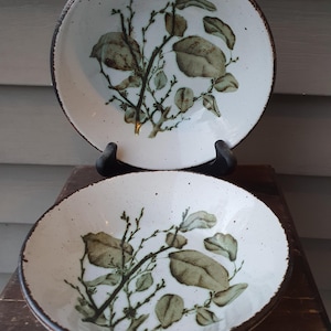 May include: Two white ceramic bowls with brown rims and a leafy green design. The bowls are stacked on top of each other.