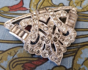 Antique Art Deco Crystal Dress Clip, Rhodium Plated Scarf Clip