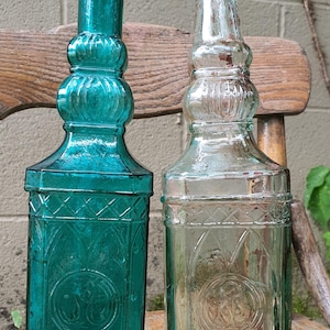 Vintage Pair of Cathedral Style Glass Bottles Vases-Genie Bottle-Vintage Decorative Bottles-Large Vintage Bottles-Teal/Green Glass Bottle