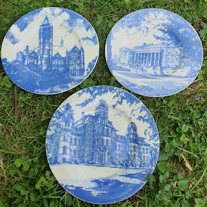 Set of 3 Vintage Syracuse Commemorative Plates in Blue and White-Syracuse University Plates-Hall of Languages-Maxwell School-Crouse College