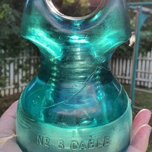 Vintage Brookfield High Voltage Green Aqua Glass Insulator-No. 3 Cable Insulator-Antique Insulator- Cable Insulator-Mickey Mouse Insulator