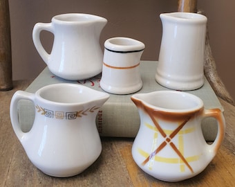 Vintage Restaurant Ware Creamers (5)-Shenango, Hall, Jackson China, Caribe Mini Creamers-Chunky Ironstone Creamers