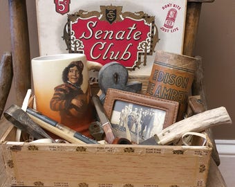 Vintage Cigar Box Assemblage-Vintage Vignette-Father's Day Gift-Man Cave Décor