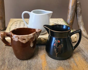 Vintage MCM Creamers, Brown Drip Glaze, Redwall, White Restaurant Ware Creamer