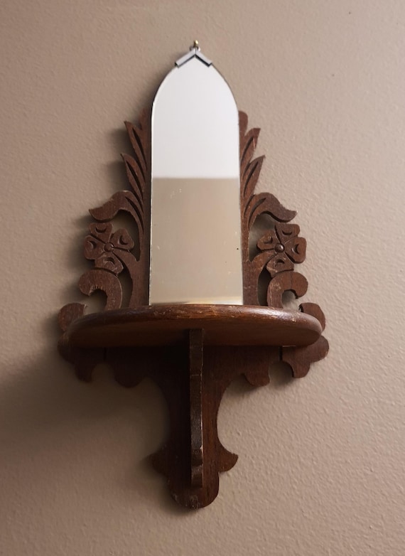 Antique Wood Hanging Mirrored Shelf, Scroll Work Display Sconce Shelf