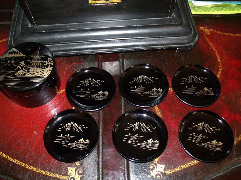 Vintage Lacquered Asian Coaster Set In Box Six Coasters Etsy - image 0