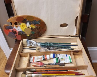 Vintage Artist's Traveling Paint Box with Paints, Brushes, Pallette, Paper, and Pallette Knives