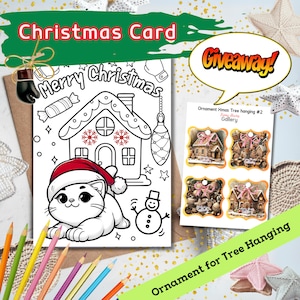 Cartolina di buon Natale, carta gatto da colorare, download DIGITALE animale, bella carta stampabile, download di stampe digitali, carta di boxe divertente