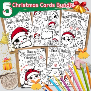 Paquete de tarjetas de Navidad para colorear, Tarjeta de boxeo, Tarjeta para gato, Descarga digital, regalo para niños, Tarjeta de gato divertido, Regalo para ella