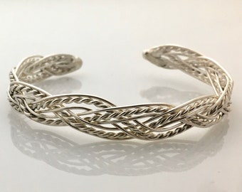 Braided Sterling Silver Cuff Bracelet. Wire Woven Bangle Bracelet.