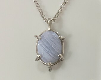 Blue Lace Agate and Sterling Silver Pendant Necklace. Oval. Beautiful Stone in Banded Shades of Light Blue. Handmade Hammered Silver Clasp.