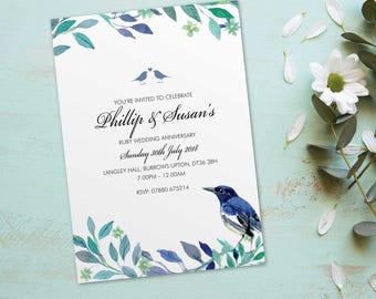Ruby wedding anniversary invitations invites cards. Personalised love bird vintage design. 10 Pack BDF_06