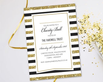 Charity Ball party dinner invitations. Evening disco  glitter black tie cards invites. Personalised, 10 Pack GLF_12