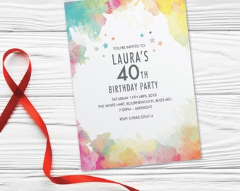 40th, 50th, 60th, 70th, 80th 90th, birthday invite for women invitations personalised party invitation card watercolour