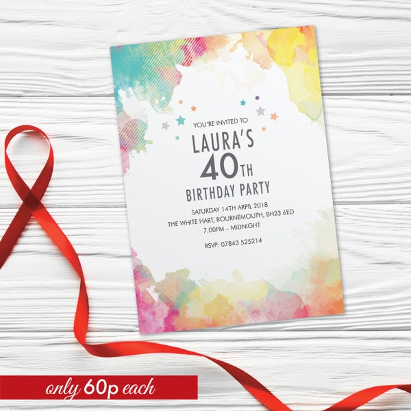 40th, 50th, 60th, 70th, 80th 90th, birthday invite for women invitations personalised party invitation card watercolour