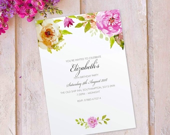 40th, 50th, 60th, 70th, 80th 90th, birthday invite for women invitations personalised party invitation card flowers