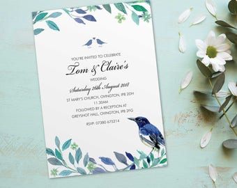 Day wedding invitations, flat postcard invites wedding cards. Personalised love bird vintage design. 10 pack (FLF_01)