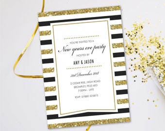 New years eve NYE party invitations. Evening disco casino hogmanay glitter gold black tie cards invites. Personalised, 10 Pack GLF_10