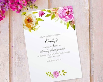 Surprise 40th, 50th, 60th, 70th, 80th 90th, birthday invite for women invitations personalised party invitation card flowers