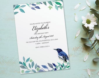 40th, 50th, 60th, 70th, 80th 90th, birthday invite for women invitations personalised party invitation card Bird