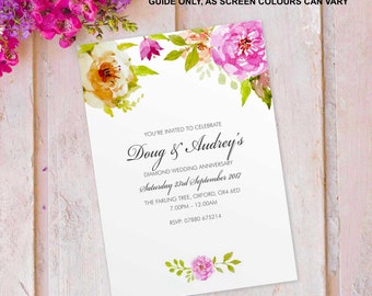 Diamond wedding anniversary invitations invite cards personalised floral FLF_08