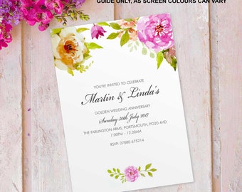 Golden wedding anniversary invitations invites cards. Personalised floral flower vintage design. 10 Pack FLF_07