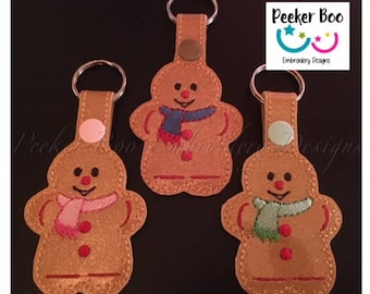 Gingerbread Key Fob Embroidery Gift Design. 4x4" hoop. This is a design file only. Christmas Gift stocking filler. ITH design.