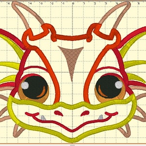 May include: A cartoon dragon head with large eyes, a yellow snout, and red and yellow wings. The dragon is outlined in brown.
