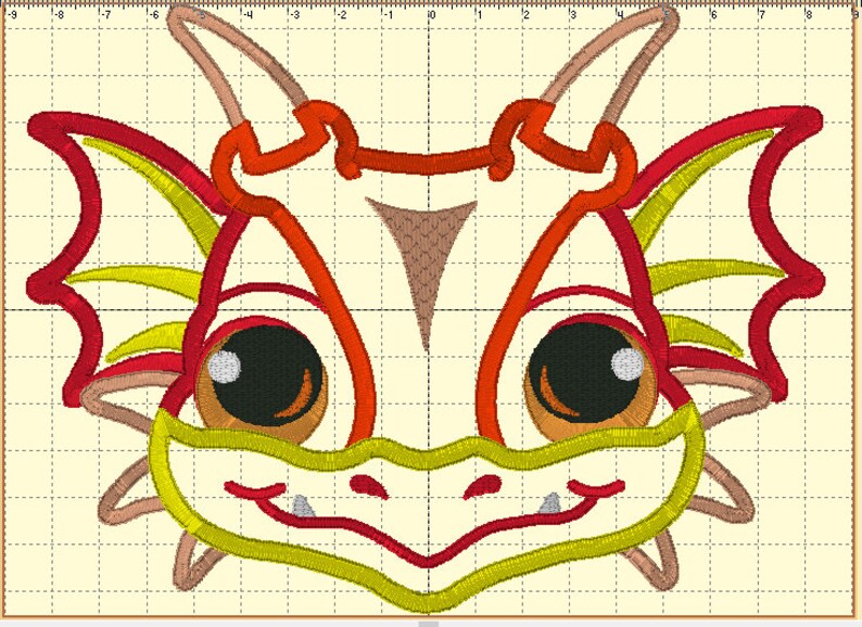 May include: A cartoon dragon head with large eyes, a yellow snout, and red and yellow wings. The dragon is outlined in brown.