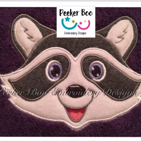 Bandit Raccoon Full Faced Towel Peeker Embroidery Applique Design. 5x7" hoop. This is a design file only not a ready made item.