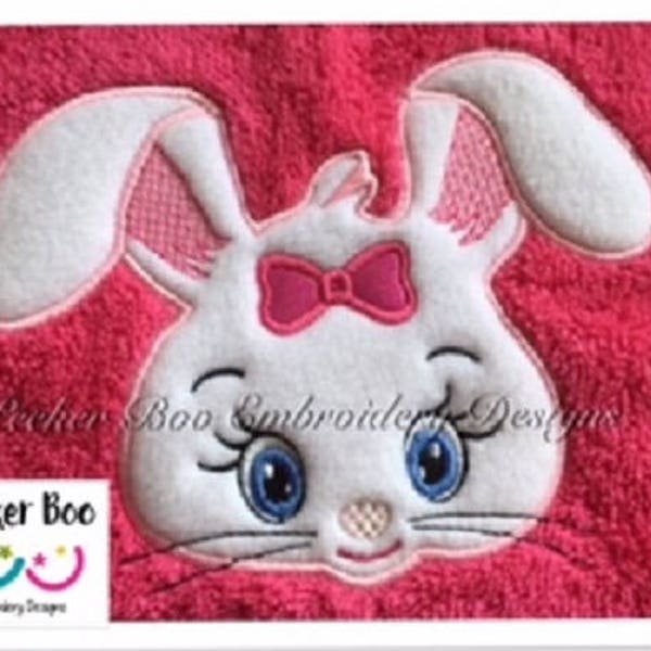 Super Cute Rabbit Towel Peeker Embroidery Applique Design. 5x7" hoop. This is a design file only not a ready made towel.