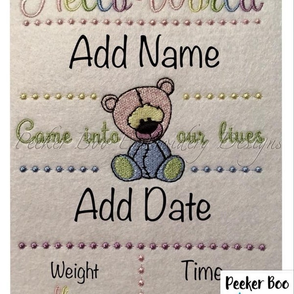 Rainbow Teddy Birth Announcement set. 5 designs in one file. Subway art. Birth statistics embroidery design and teddy fill stitch design.