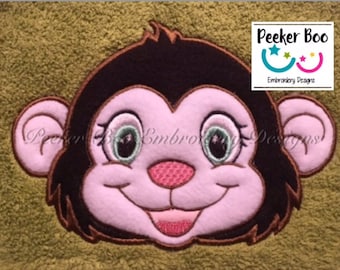 Cheeky Monkey Towel Peeker Embroidery Applique Design. 5x7" hoop. This is a design file only not a ready made towel.