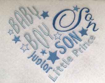 Love Heart Baby Boy, Son Embroidery Applique Design. Newborn Baby Boy, Son announcement. 5x7" hoop. This is a design file only.