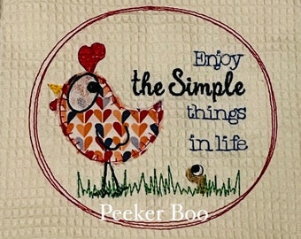 Enjoy the Simple things in life Raw Edge Applique Chicken Design for the  5x7" hoop. This is a design file only not a finished product.