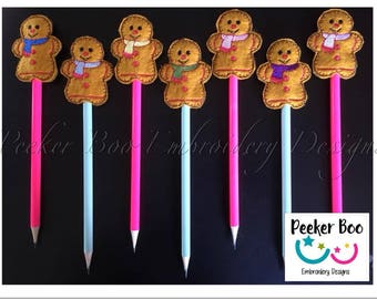 Gingerbread Pencil Topper Embroidery Gift Design. 4x4" and 5x7" hoop. This is a design file only. Christmas stocking filler. ITH design.