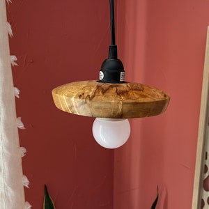 Wood shade hanging lamp, pendant lamp (plug in).  Tiger maple, turned.